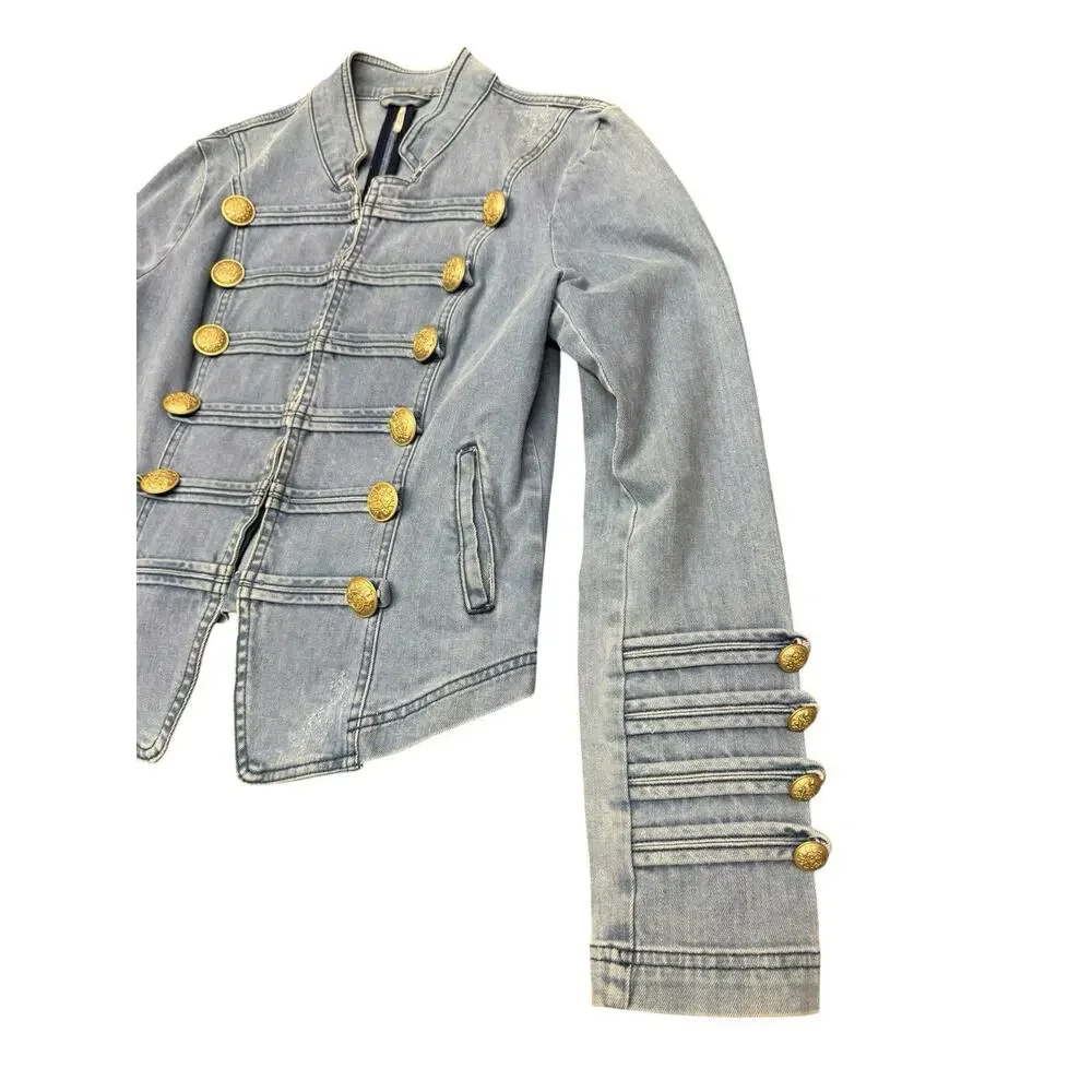 Free People Fitted Military Denim Jacket Blue Cotton US 6 Gold Buttons